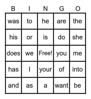 Sight Words Bingo Card