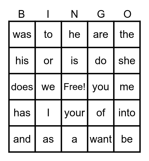 Sight Words Bingo Card