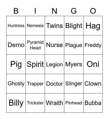 DBD Killas Bingo Card