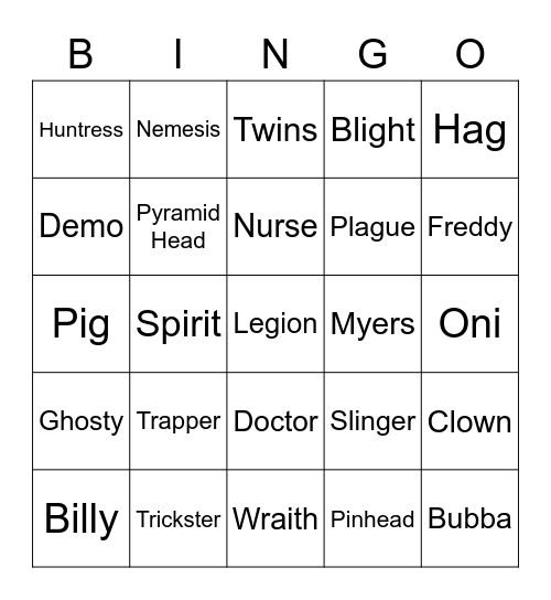 DBD Killas Bingo Card