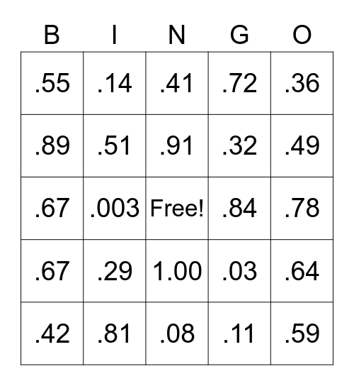 Percents to Decimals Bingo Card