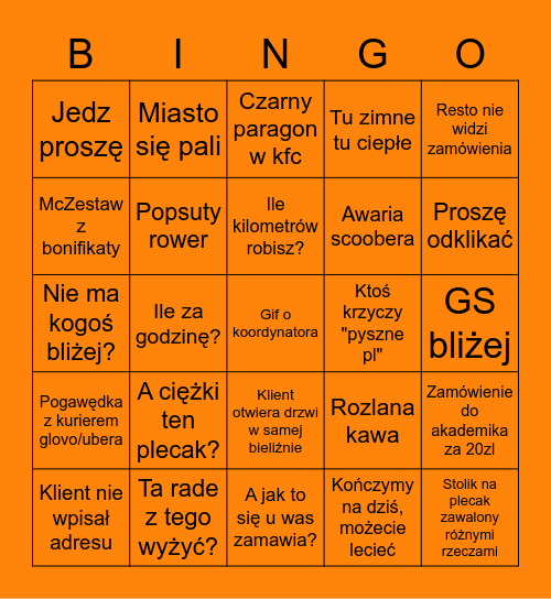 Bingo kurierów pyszne.pl Bingo Card