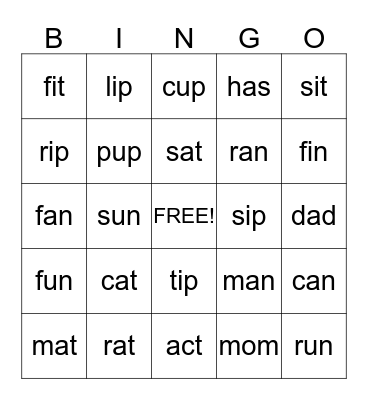Kindergarten CVC words Bingo Card