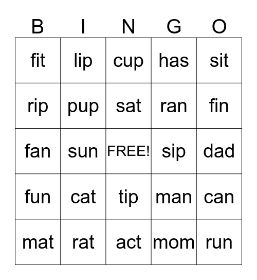 Kindergarten CVC words Bingo Card