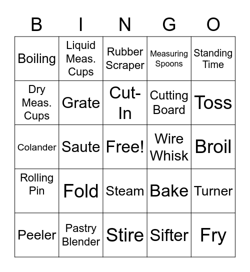 Utensils/Terms Review Bingo Card