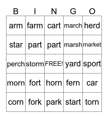 or, ar, er  Bingo Card