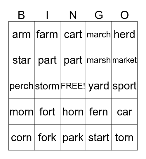 or, ar, er  Bingo Card