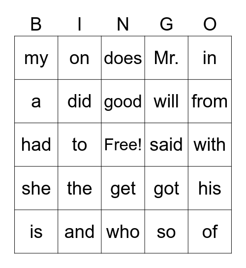 Irregular Words Bingo Card