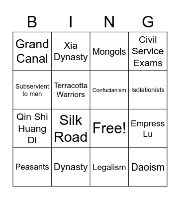 Chinese Dynasty Review Bingo Card