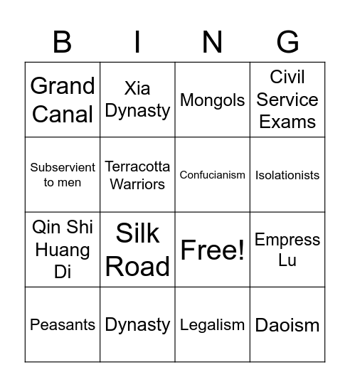 Chinese Dynasty Review Bingo Card