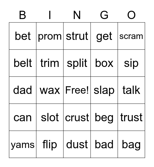 Nonsense Words Bingo Card