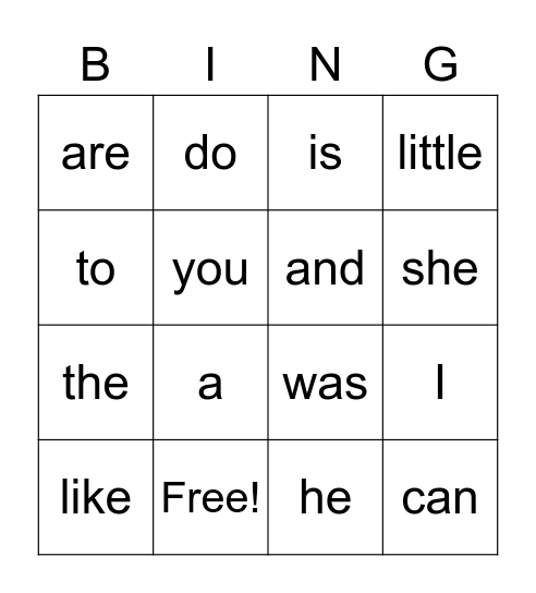 HF words K 1-20 Bingo Card
