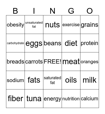 Nutrition Bingo Card