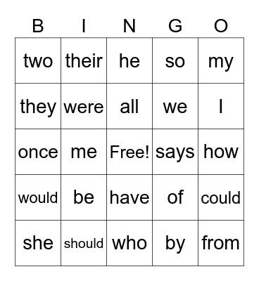 2nd Grade Tricky Words Bingo Card
