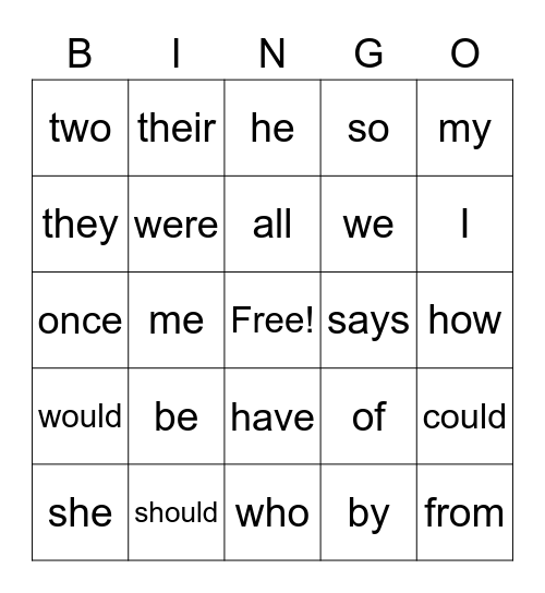 2nd Grade Tricky Words Bingo Card