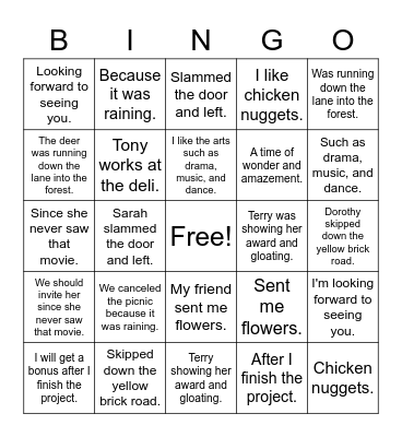 Sentence Fragments Bingo Card