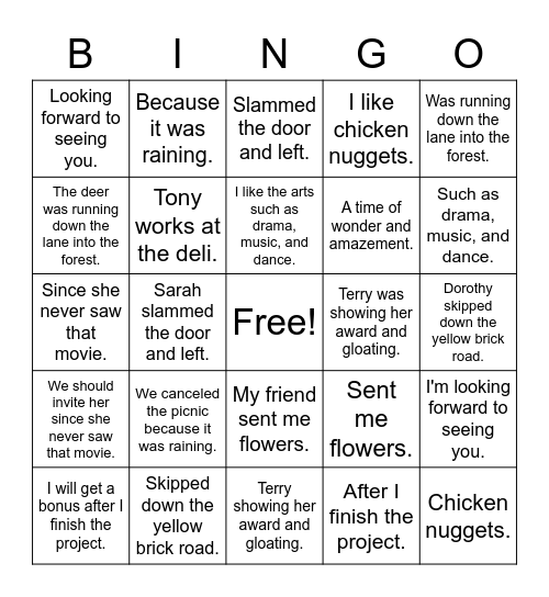 Sentence Fragments Bingo Card