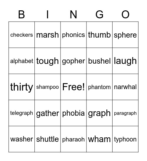 Digraph Bingo Card