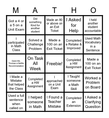 MATH BINGO Card