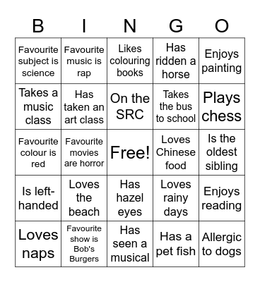 Getting to know you Bingo Card