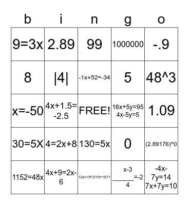 Algebra 1 equation bingo Card