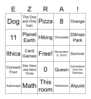 All About Ezra Bingo Card