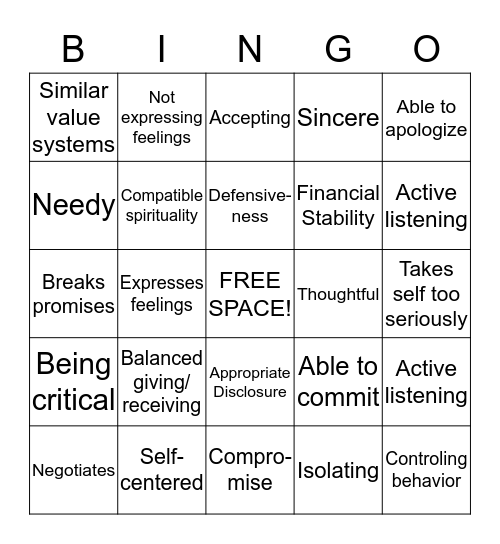 Healthy Relationships Bingo Card