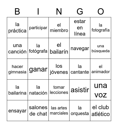 Spanish 2 - Capítulo 1B vocab Bingo Card