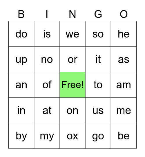Sight Word Bingo (2 letter words) Bingo Card