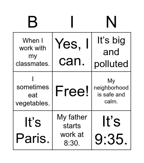 Unit 4 - Activity 1: Bingo! Bingo Card