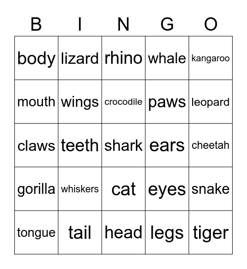 animals / parts of the body Bingo Card