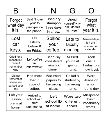 Tired Teacher Bingo Card