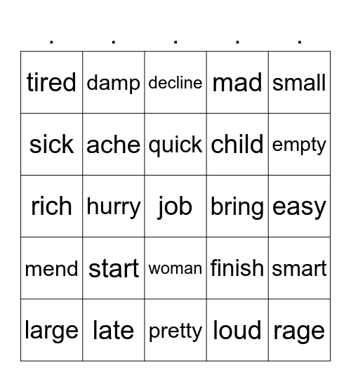 Synonym Bingo Card