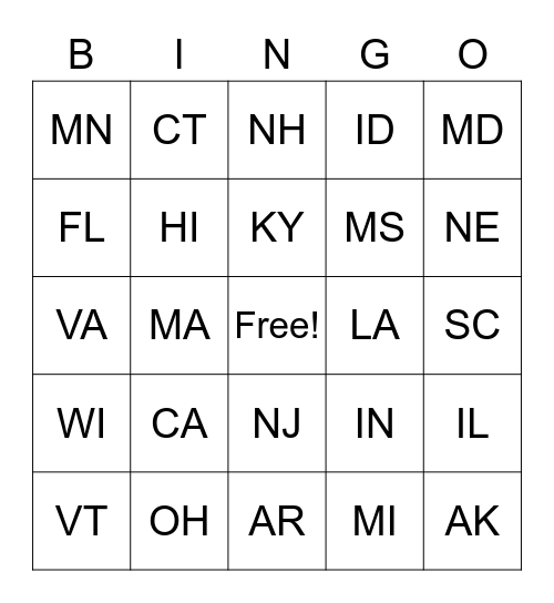 State Abbreviations Bingo Card