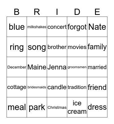 Bridal Bingo Card