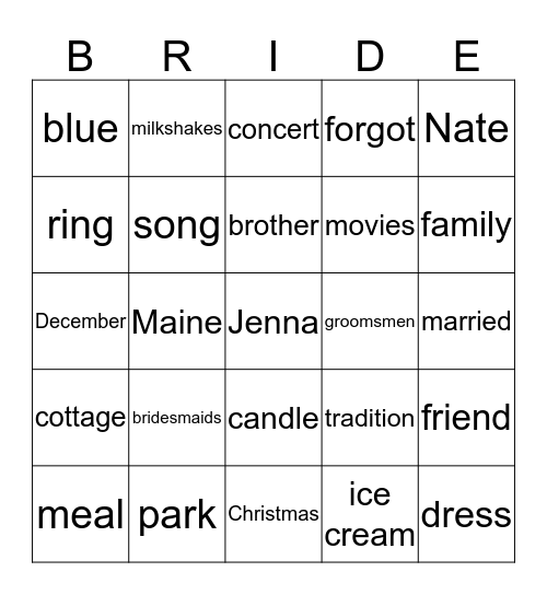 Bridal Bingo Card