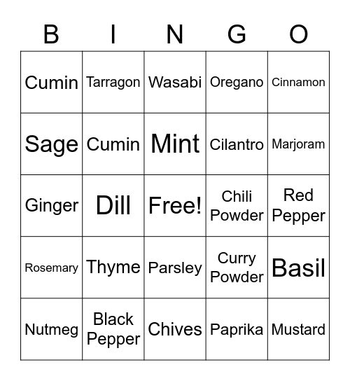 Herb and Spice Bingo Card