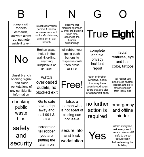 Safety and Security Bingo Card