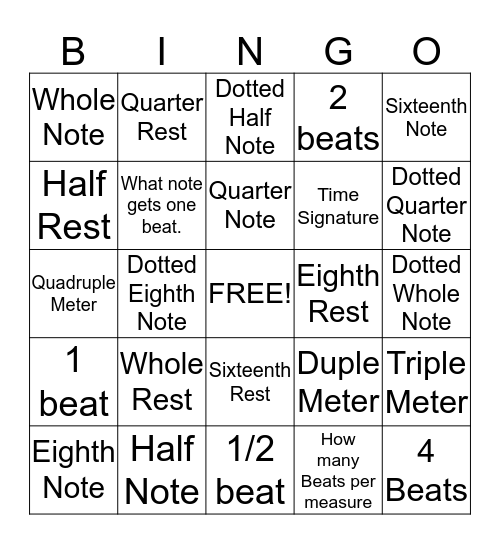 Notes and Rests Bingo Card