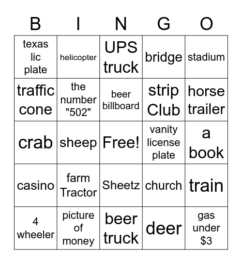 Road Trip! Bingo Card