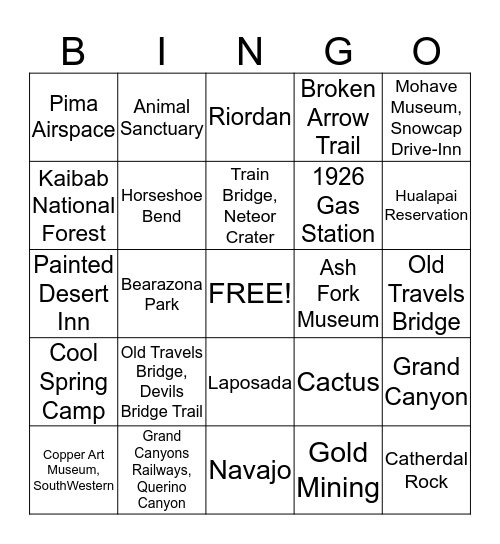 Arizona Route 66 Bingo Card