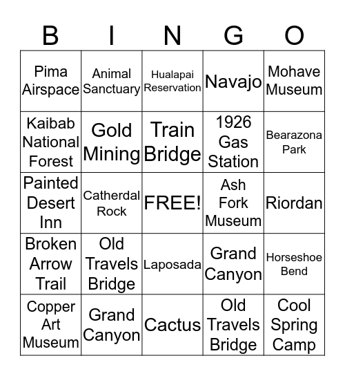 Arizona Route 66 Bingo Card