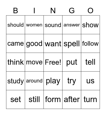 Sight Words Bingo Card