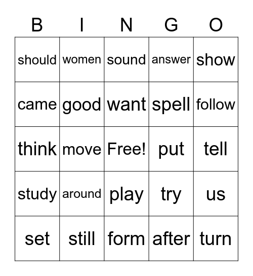 Sight Words Bingo Card