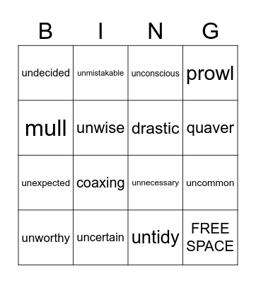 prefix UN- Bingo Card