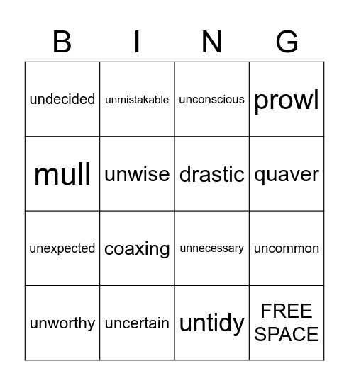 prefix UN- Bingo Card