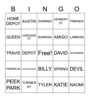 CEDARTOWN BINGO Card