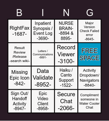 SH Service Desk EHR Q4 Release & Update 2021 GoLive Bingo Card