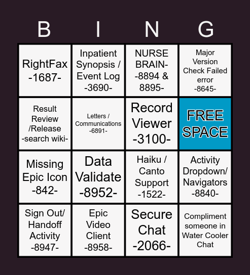 SH Service Desk EHR Q4 Release & Update 2021 GoLive Bingo Card