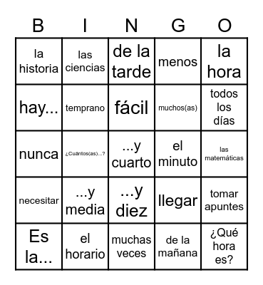 Avancemos Unit 2 Lesson 1 Bingo Card